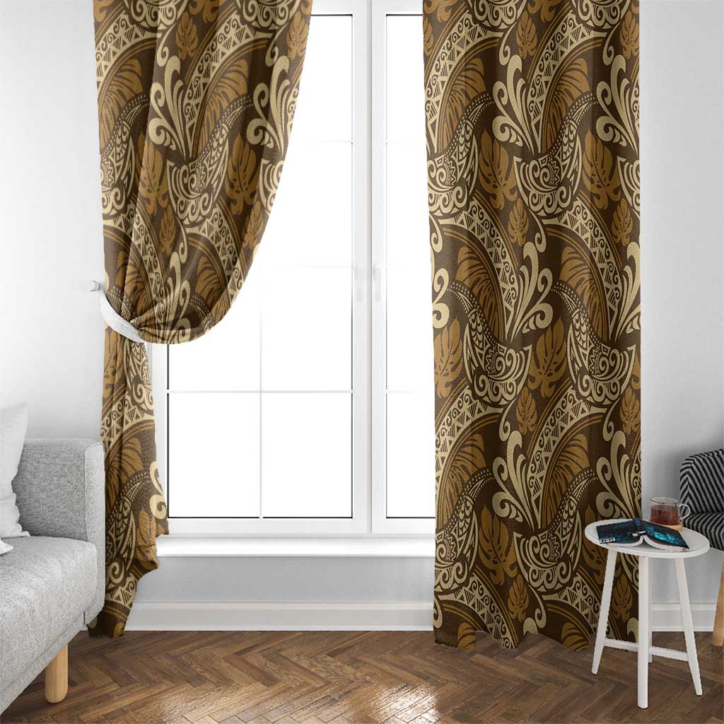 Brown Gold Monstera Window Curtain Polynesian Tribal Pattern - Polynesian Pride