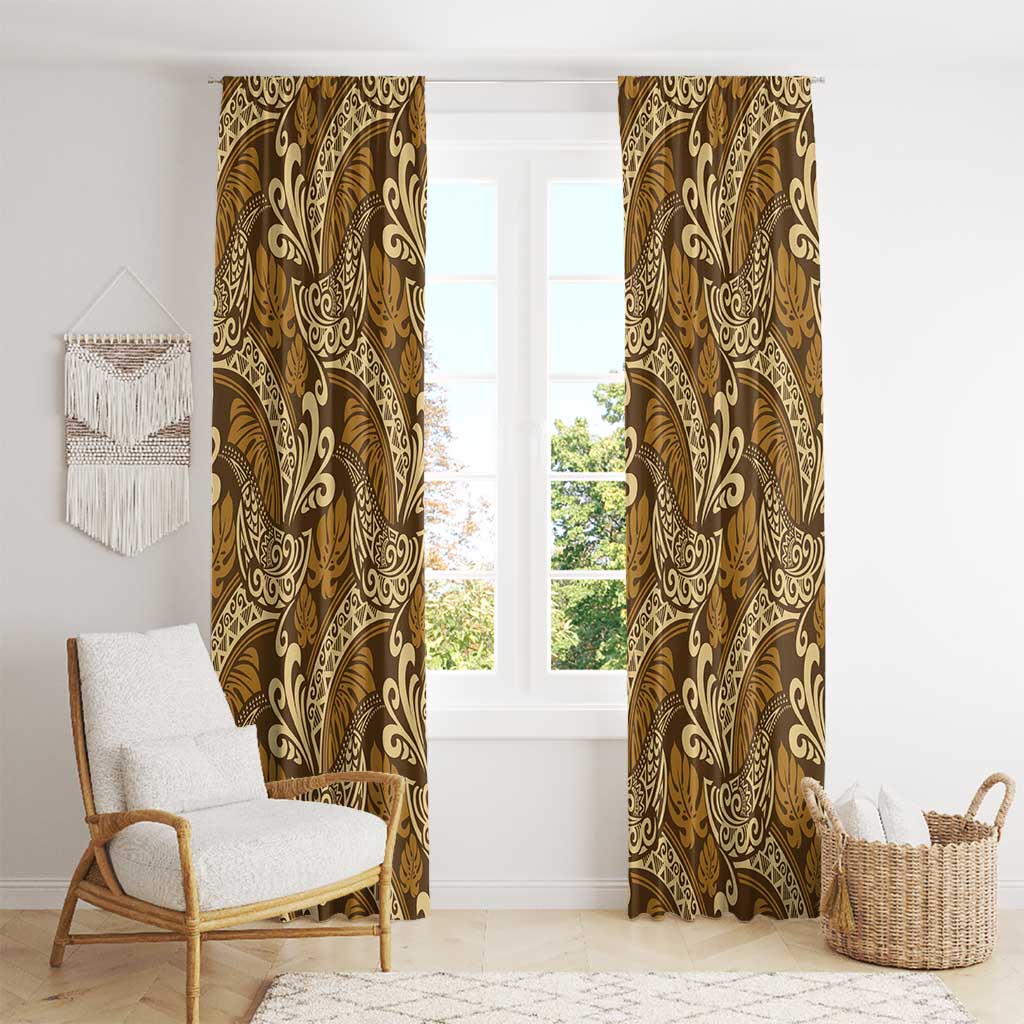 Brown Gold Monstera Window Curtain Polynesian Tribal Pattern - Polynesian Pride