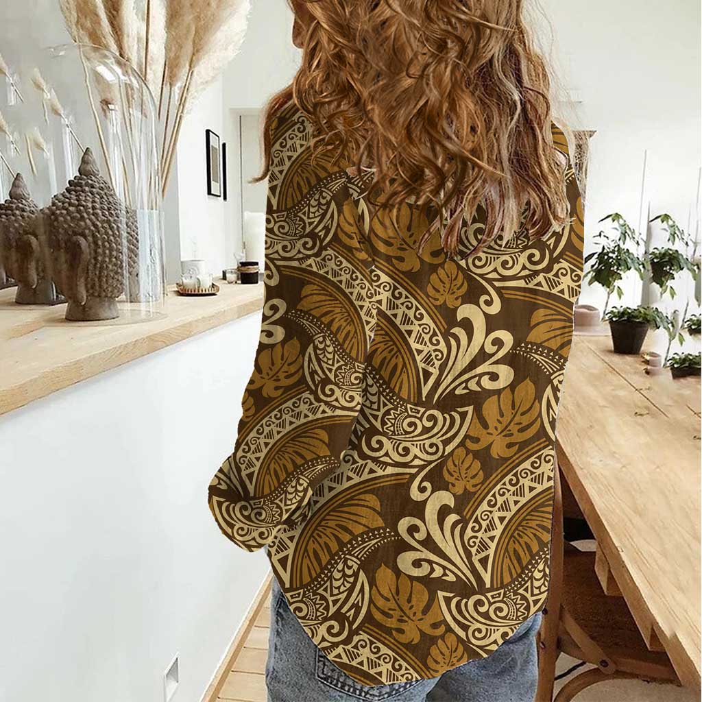 Brown Gold Monstera Women Casual Shirt Polynesian Tribal Pattern - Polynesian Pride