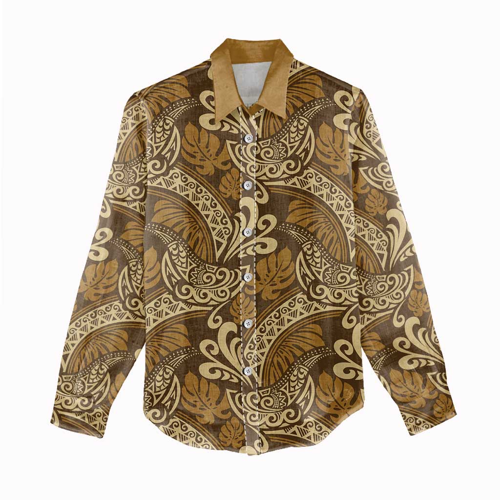 Brown Gold Monstera Women Casual Shirt Polynesian Tribal Pattern - Polynesian Pride