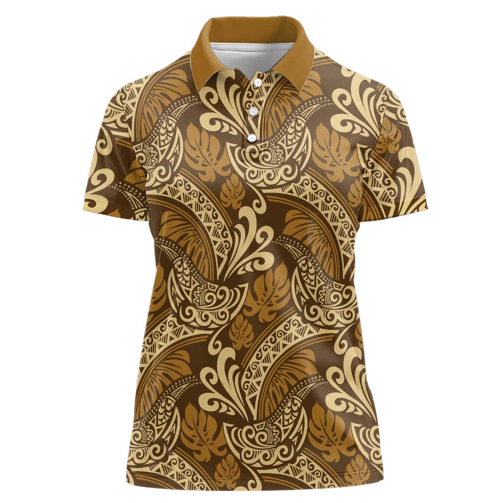 Brown Gold Monstera Women Polo Shirt Polynesian Tribal Pattern - Polynesian Pride