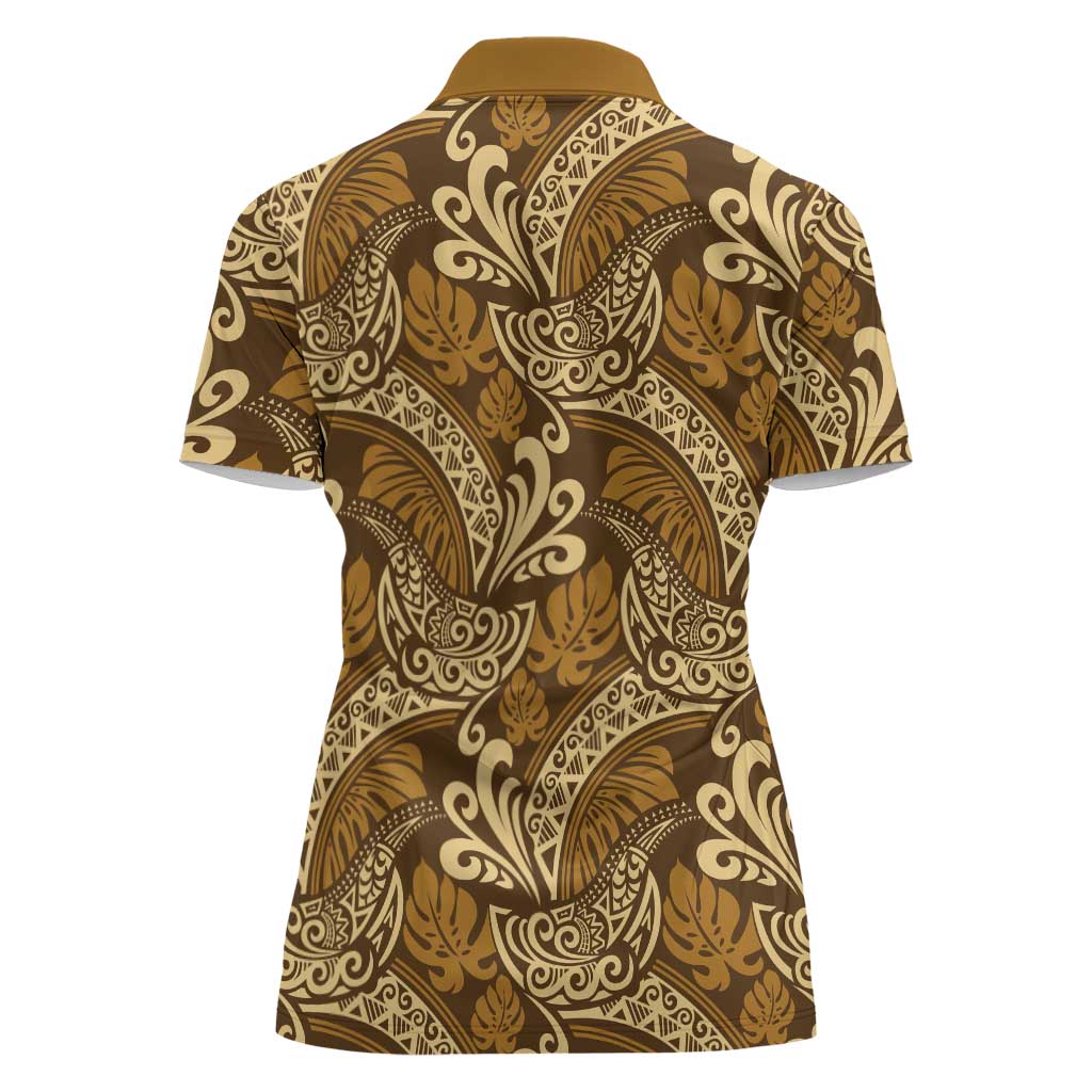 Brown Gold Monstera Women Polo Shirt Polynesian Tribal Pattern - Polynesian Pride