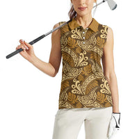 Brown Gold Monstera Women Sleeveless Polo Shirt Polynesian Tribal Pattern - Polynesian Pride