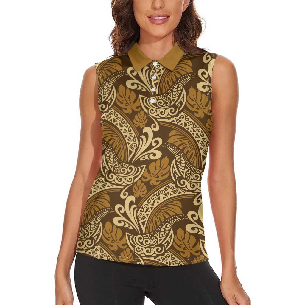 Brown Gold Monstera Women Sleeveless Polo Shirt Polynesian Tribal Pattern - Polynesian Pride