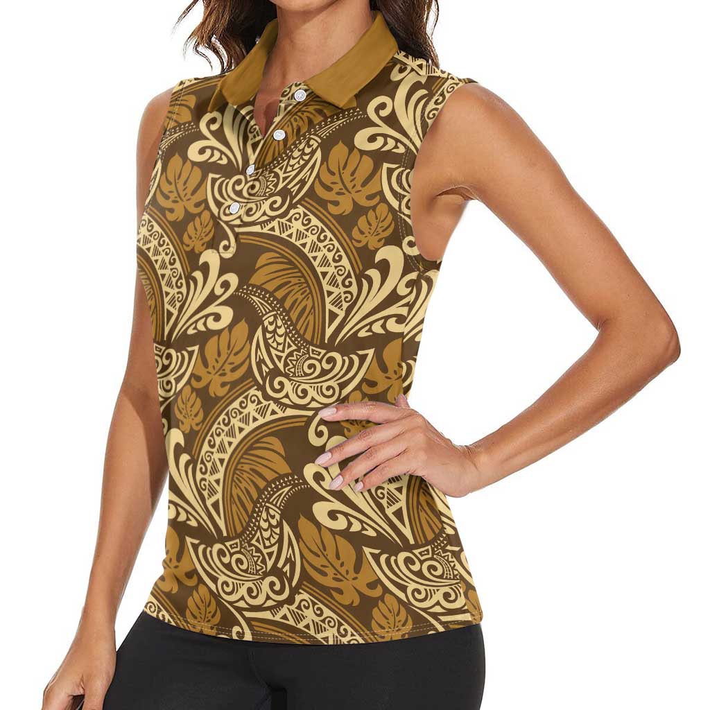 Brown Gold Monstera Women Sleeveless Polo Shirt Polynesian Tribal Pattern - Polynesian Pride