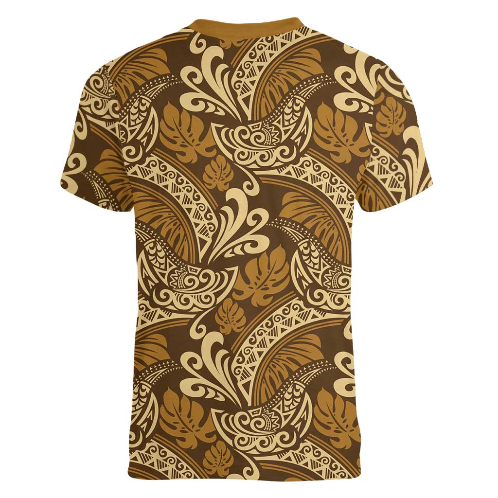 Brown Gold Monstera Women V-Neck T-Shirt Polynesian Tribal Pattern - Polynesian Pride