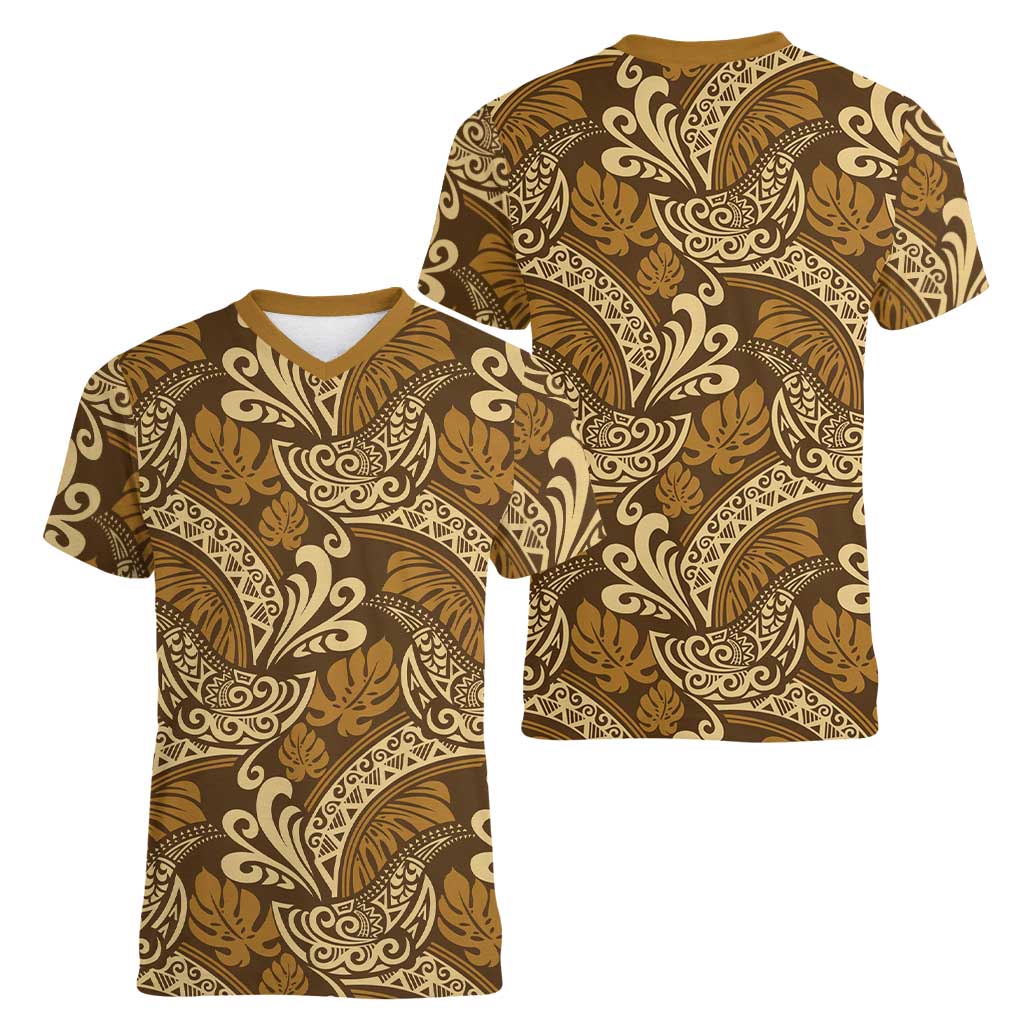 Brown Gold Monstera Women V-Neck T-Shirt Polynesian Tribal Pattern - Polynesian Pride