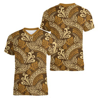 Brown Gold Monstera Women V-Neck T-Shirt Polynesian Tribal Pattern - Polynesian Pride