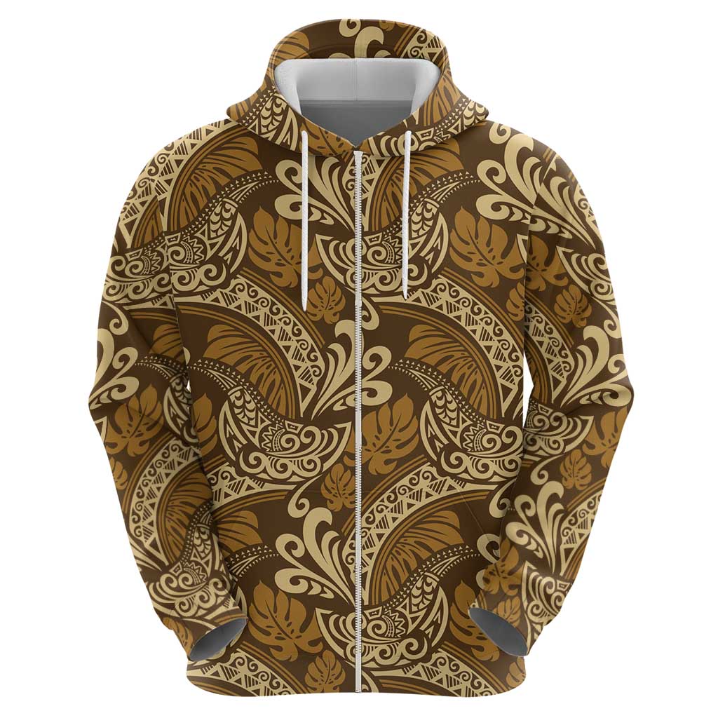 Brown Gold Monstera Zip Hoodie Polynesian Tribal Pattern - Polynesian Pride