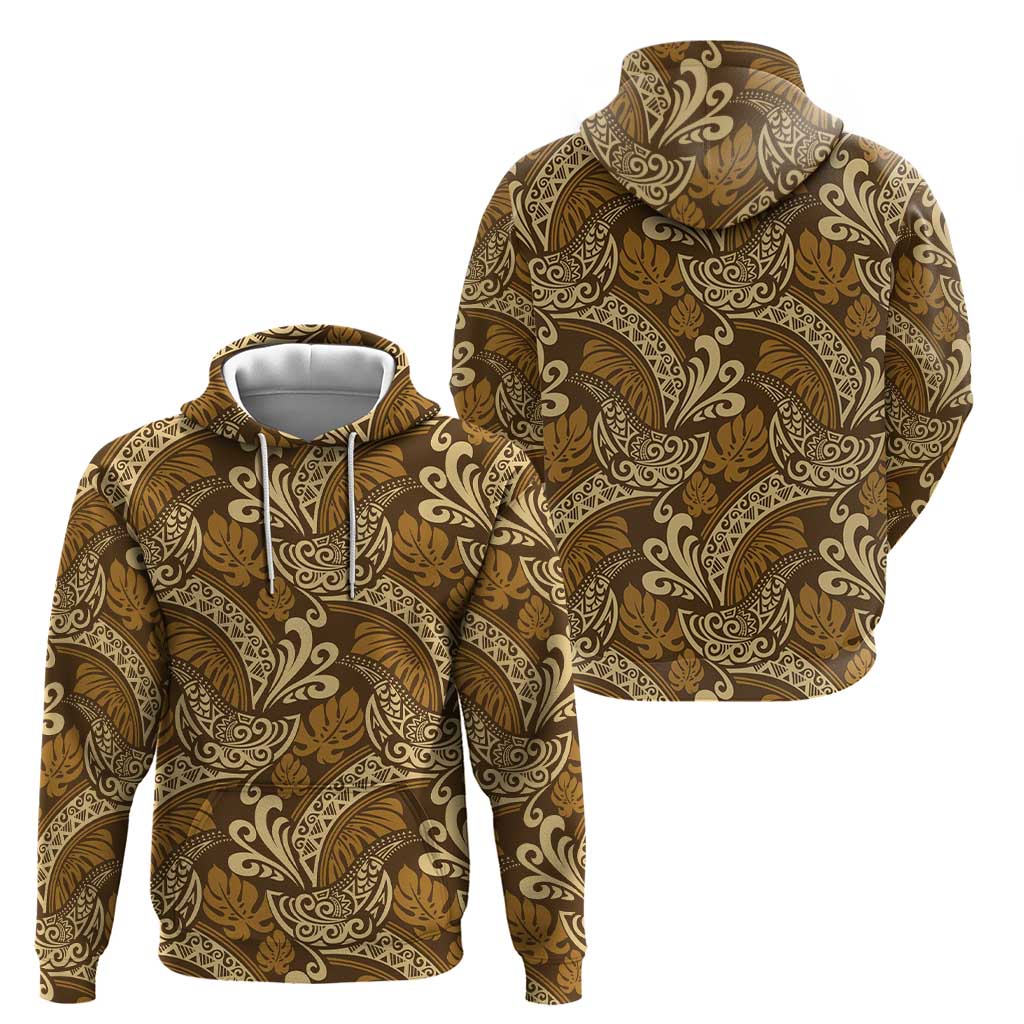 Brown Gold Monstera Zip Hoodie Polynesian Tribal Pattern - Polynesian Pride