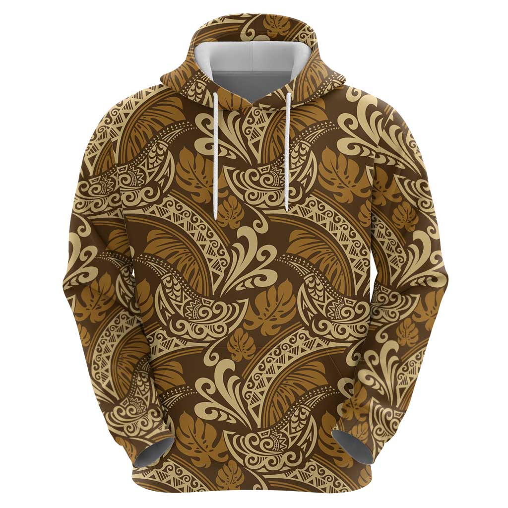 Brown Gold Monstera Zip Hoodie Polynesian Tribal Pattern - Polynesian Pride