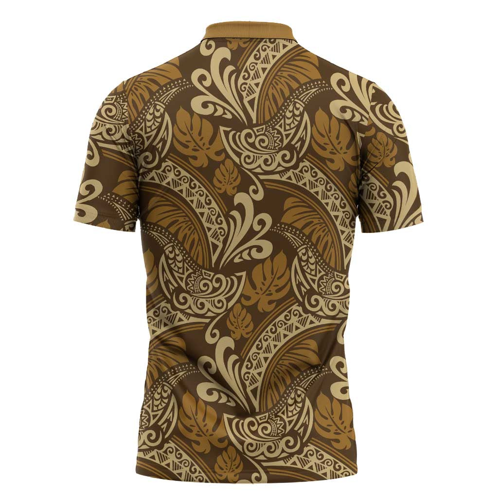Brown Gold Monstera Zipper Polo Shirt Polynesian Tribal Pattern - Polynesian Pride