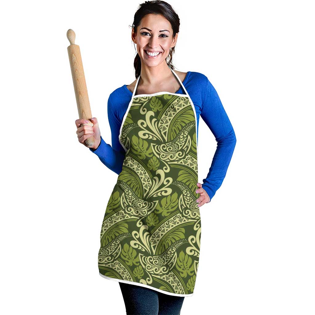 Olive Green Monstera Apron Polynesian Tribal Pattern - Polynesian Pride