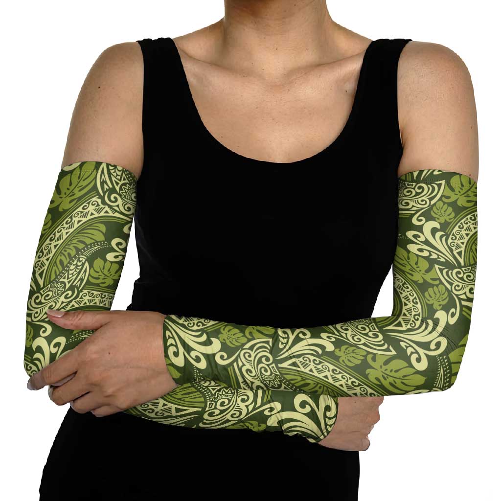 Olive Green Monstera Arm Sleeves Polynesian Tribal Pattern - Polynesian Pride