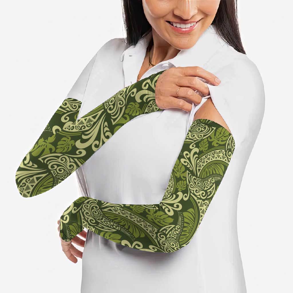 Olive Green Monstera Arm Sleeves Polynesian Tribal Pattern - Polynesian Pride