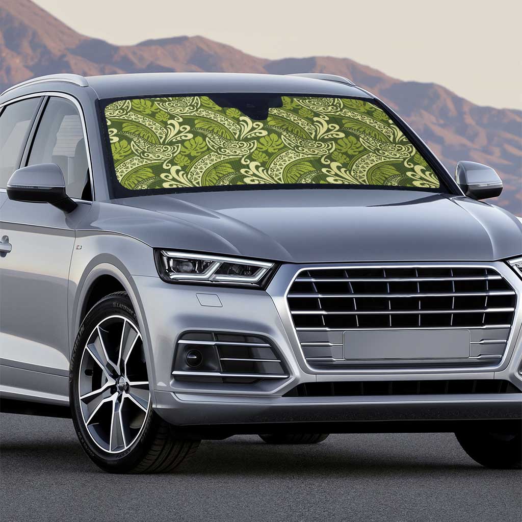 Olive Green Monstera Auto Sun Shade Polynesian Tribal Pattern - Polynesian Pride