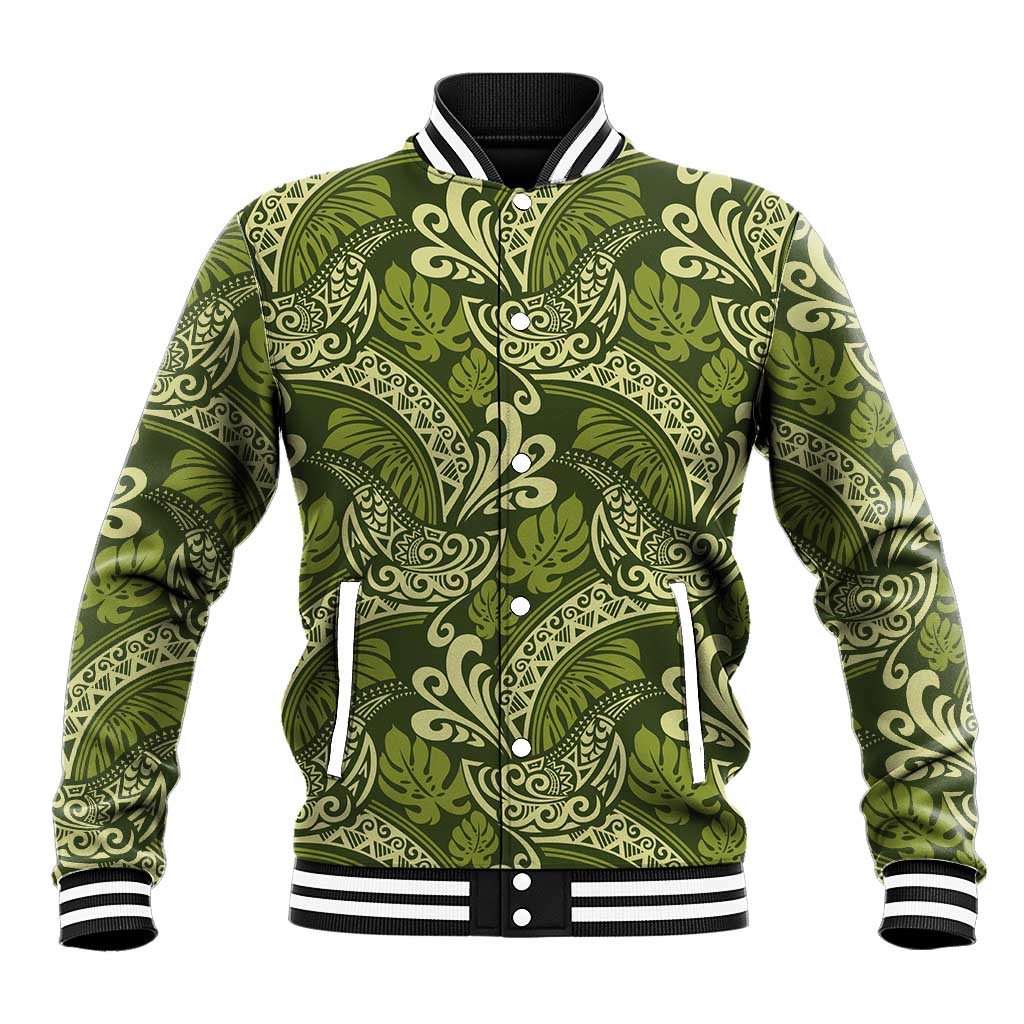 Olive Green Monstera Baseball Jacket Polynesian Tribal Pattern - Polynesian Pride