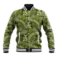 Olive Green Monstera Baseball Jacket Polynesian Tribal Pattern - Polynesian Pride