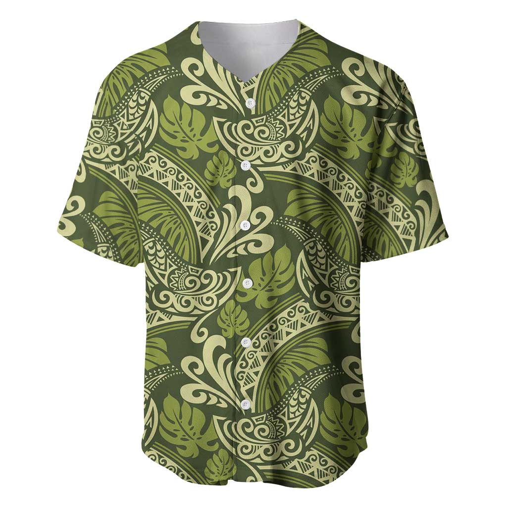 Olive Green Monstera Baseball Jersey Polynesian Tribal Pattern LT01 Green - Polynesian Pride
