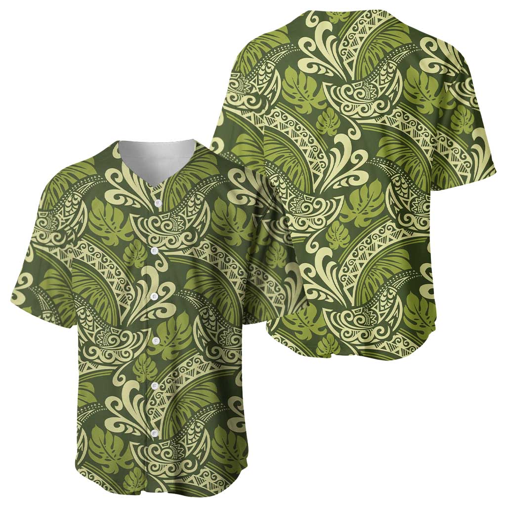 Olive Green Monstera Baseball Jersey Polynesian Tribal Pattern - Polynesian Pride
