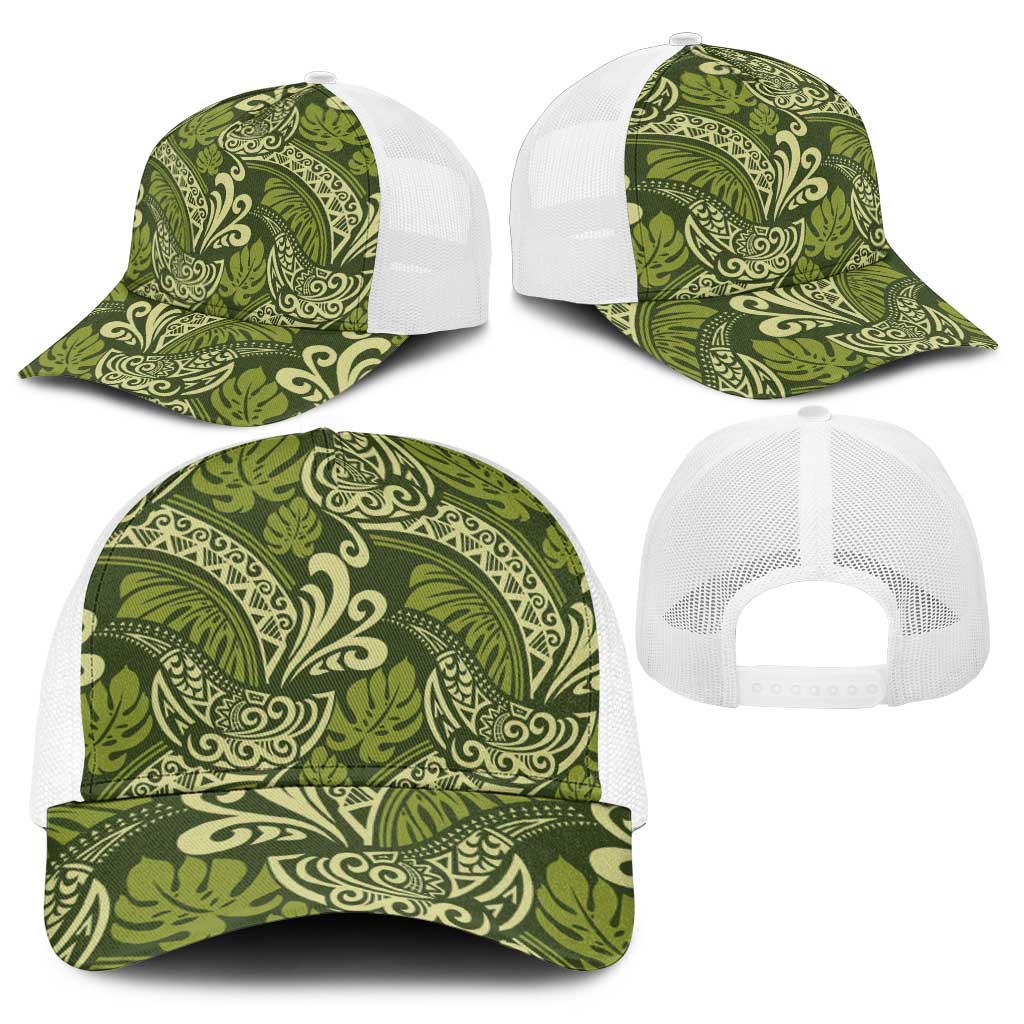 Olive Green Monstera Baseball Net Cap Polynesian Tribal Pattern - Polynesian Pride