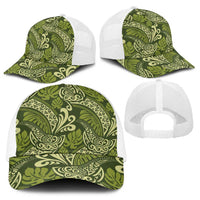 Olive Green Monstera Baseball Net Cap Polynesian Tribal Pattern - Polynesian Pride