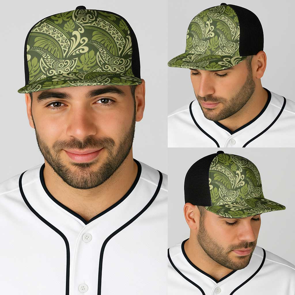 Olive Green Monstera Baseball Net Cap Polynesian Tribal Pattern - Polynesian Pride