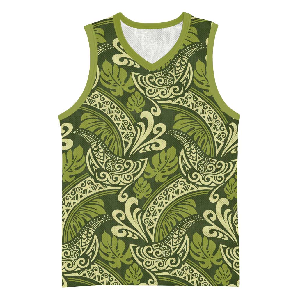 Olive Green Monstera Basketball Jersey Polynesian Tribal Pattern LT01 Unisex Green - Polynesian Pride