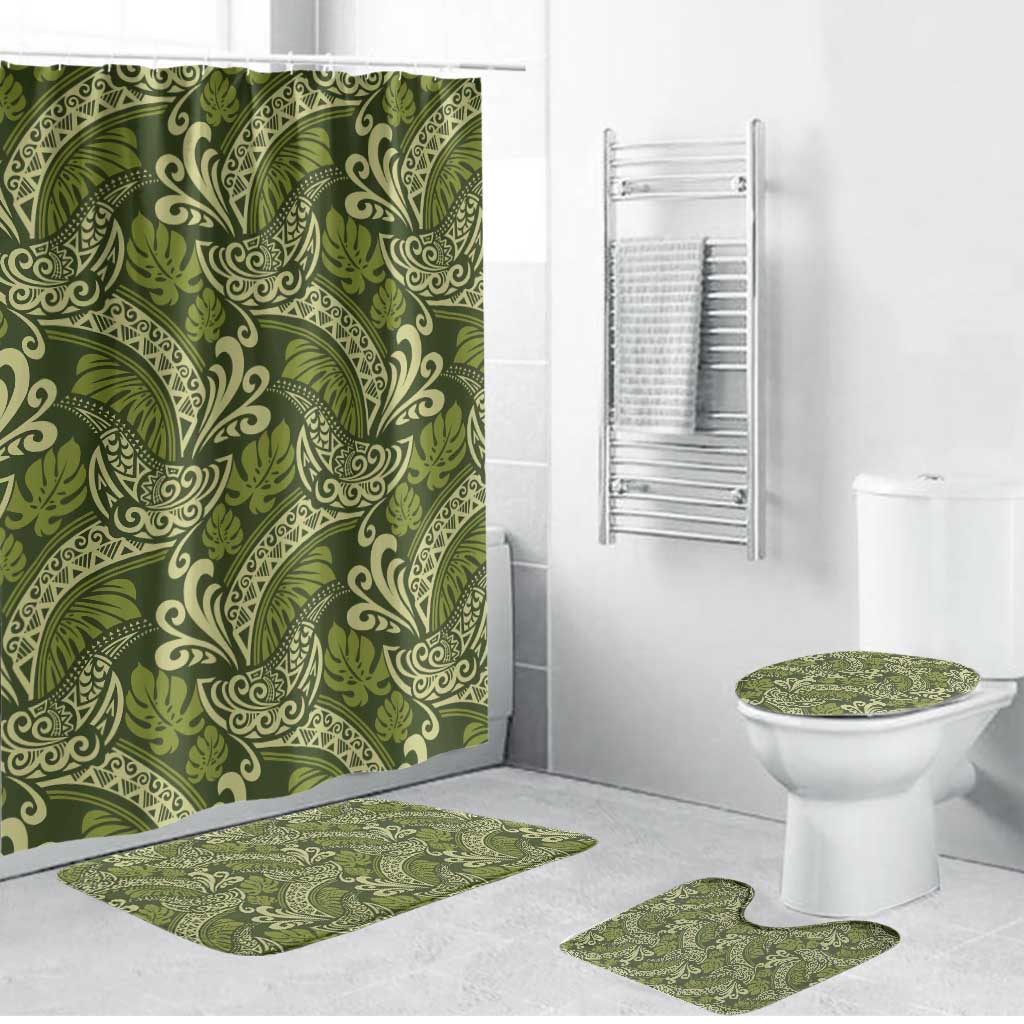 Olive Green Monstera Bathroom Set Polynesian Tribal Pattern - Polynesian Pride