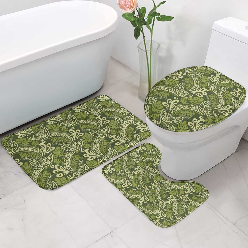 Olive Green Monstera Bathroom Set Polynesian Tribal Pattern - Polynesian Pride