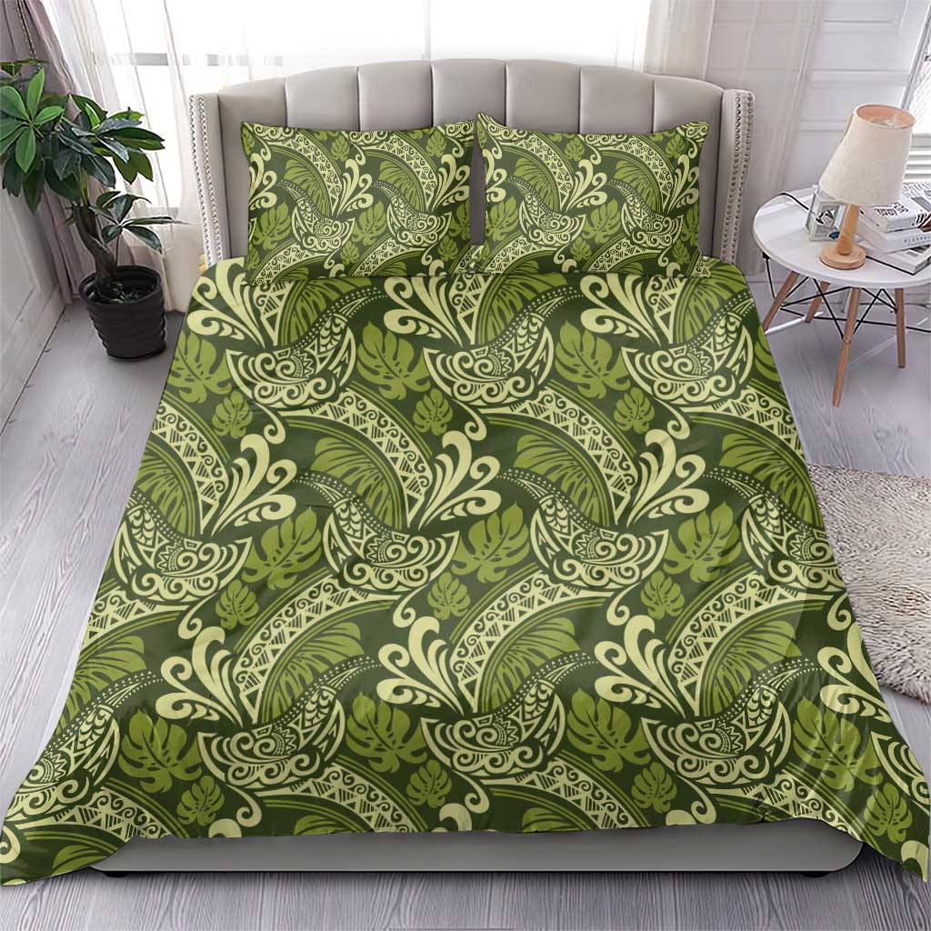 Olive Green Monstera Bedding Set Polynesian Tribal Pattern - Polynesian Pride