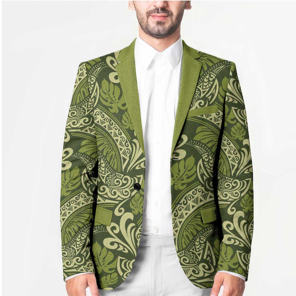 Olive Green Monstera Blazer Polynesian Tribal Pattern - Polynesian Pride