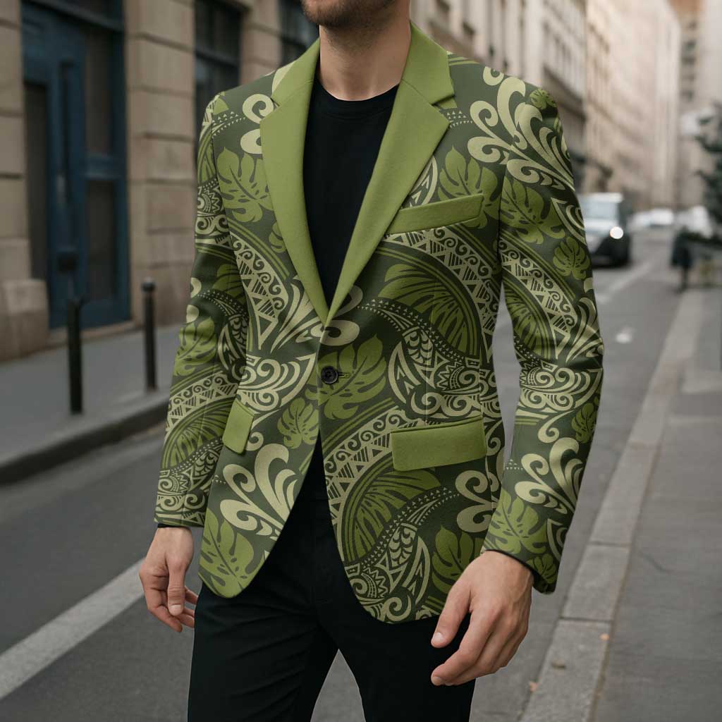 Olive Green Monstera Blazer Polynesian Tribal Pattern - Polynesian Pride