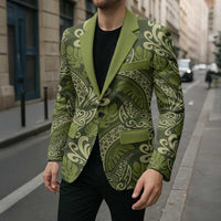 Olive Green Monstera Blazer Polynesian Tribal Pattern - Polynesian Pride
