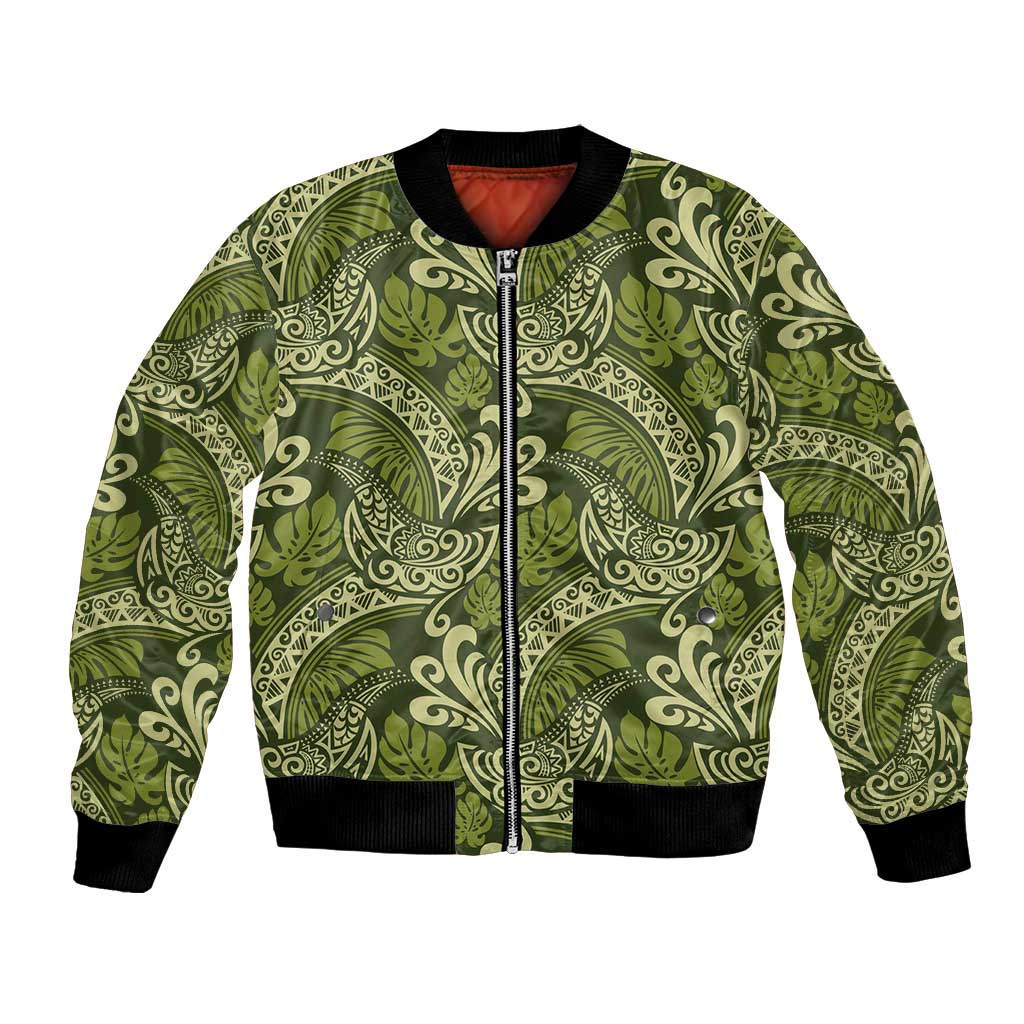 Olive Green Monstera Bomber Jacket Polynesian Tribal Pattern LT01 Unisex Green - Polynesian Pride