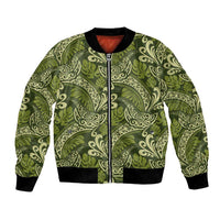 Olive Green Monstera Bomber Jacket Polynesian Tribal Pattern - Polynesian Pride