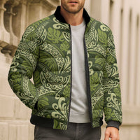 Olive Green Monstera Bomber Puffer Jacket Polynesian Tribal Pattern - Polynesian Pride