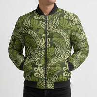 Olive Green Monstera Bomber Puffer Jacket Polynesian Tribal Pattern - Polynesian Pride