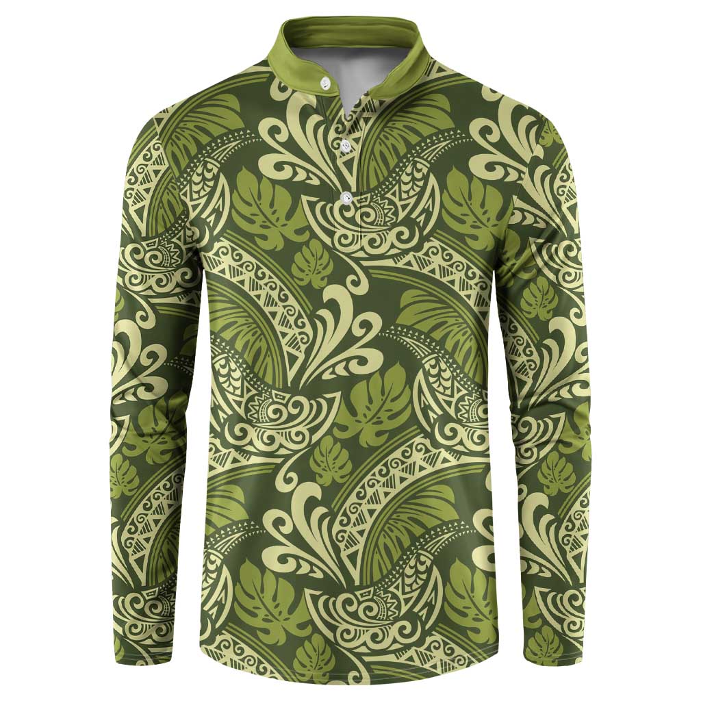 Olive Green Monstera Button Sweatshirt Polynesian Tribal Pattern LT01 Green - Polynesian Pride