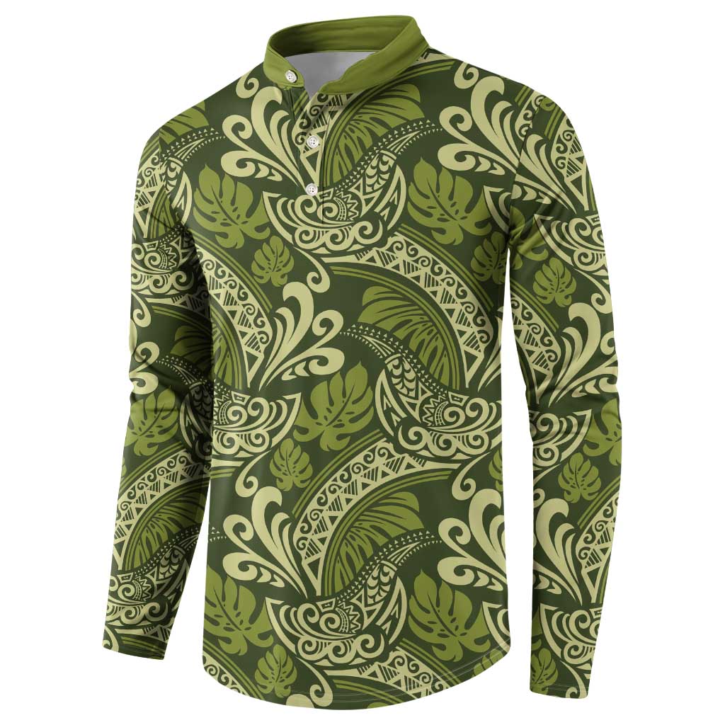Olive Green Monstera Button Sweatshirt Polynesian Tribal Pattern - Polynesian Pride