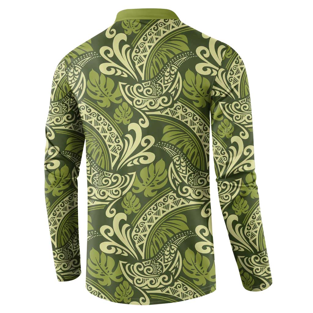 Olive Green Monstera Button Sweatshirt Polynesian Tribal Pattern - Polynesian Pride