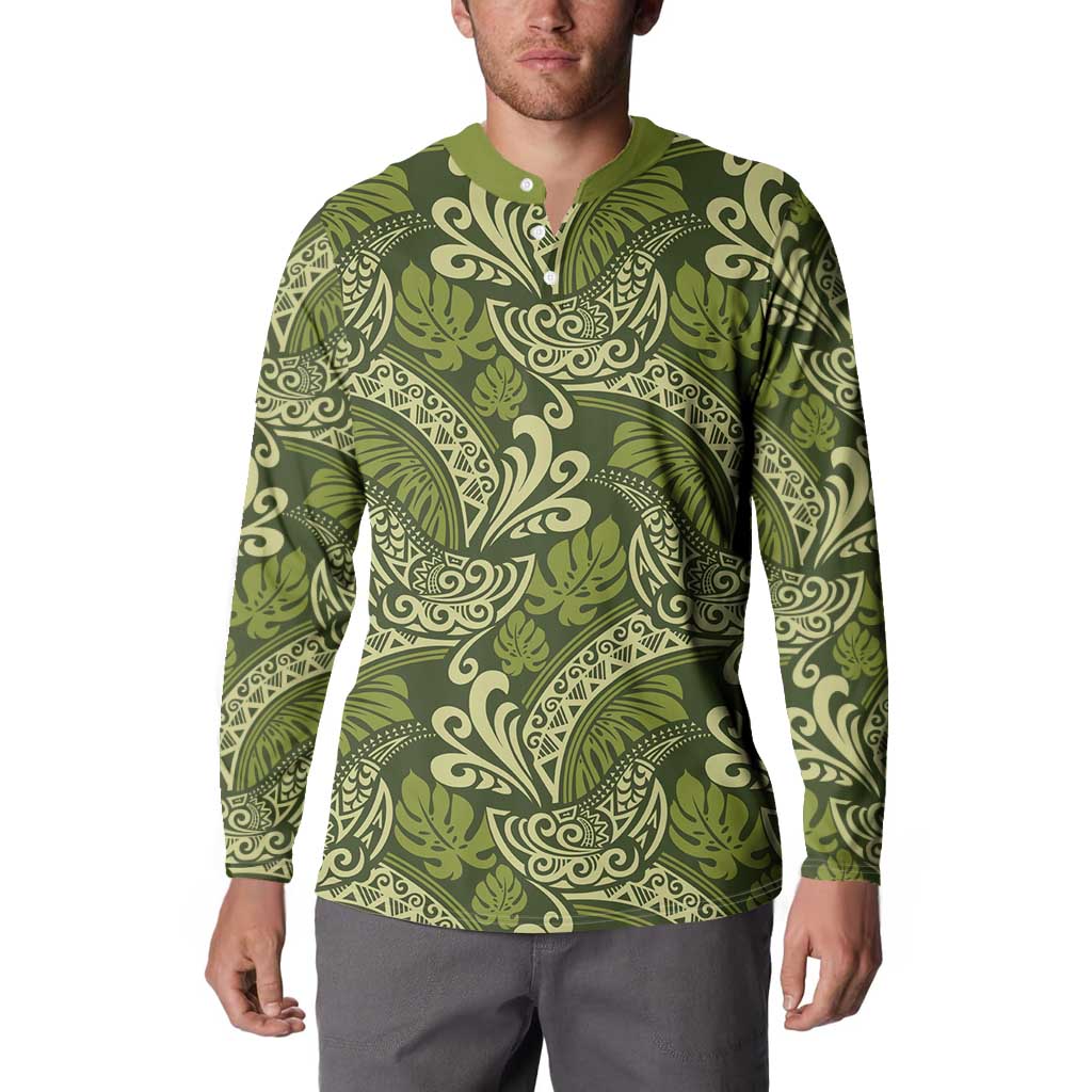 Olive Green Monstera Button Sweatshirt Polynesian Tribal Pattern - Polynesian Pride