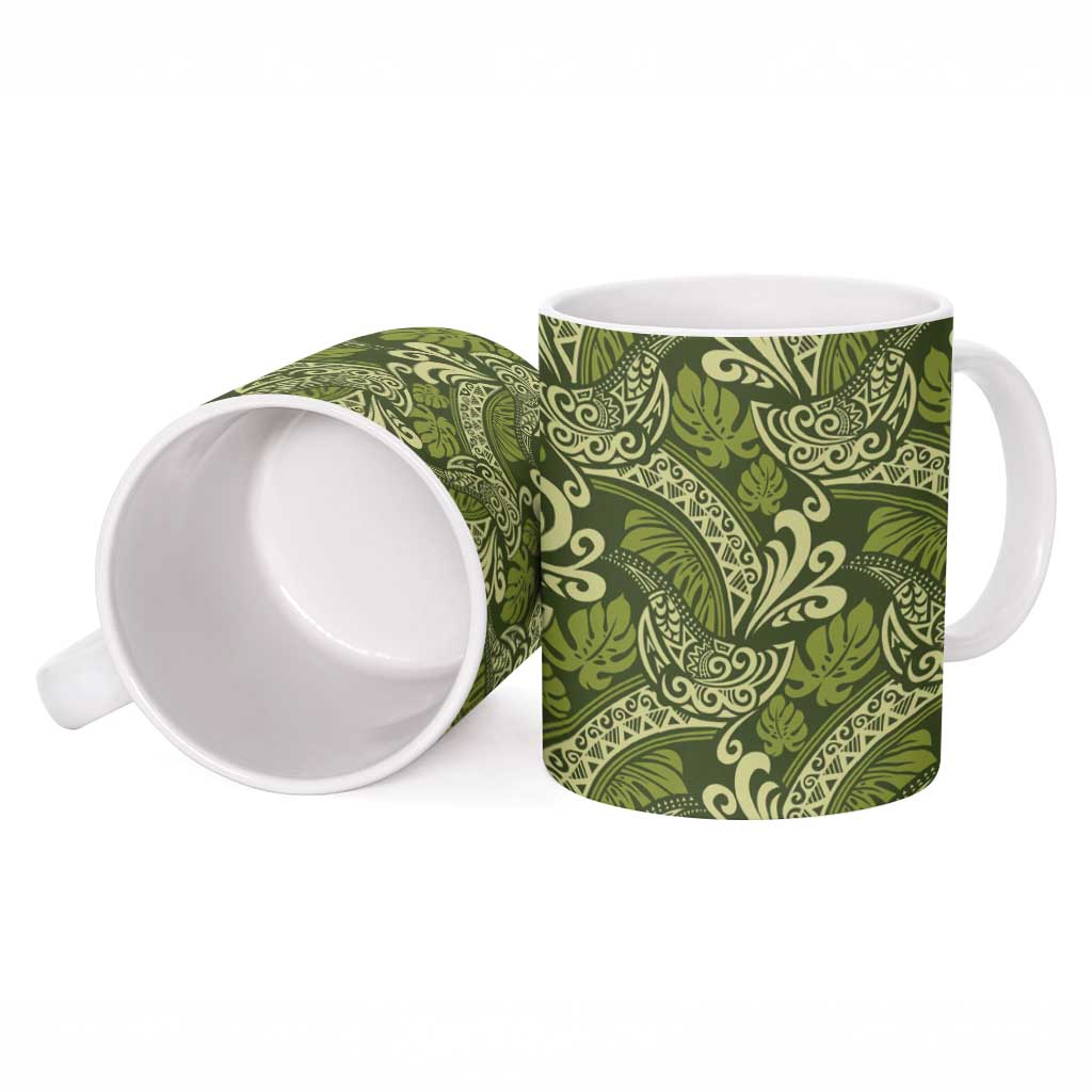 Olive Green Monstera Ceramic Mug Polynesian Tribal Pattern - Polynesian Pride