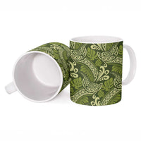 Olive Green Monstera Ceramic Mug Polynesian Tribal Pattern - Polynesian Pride