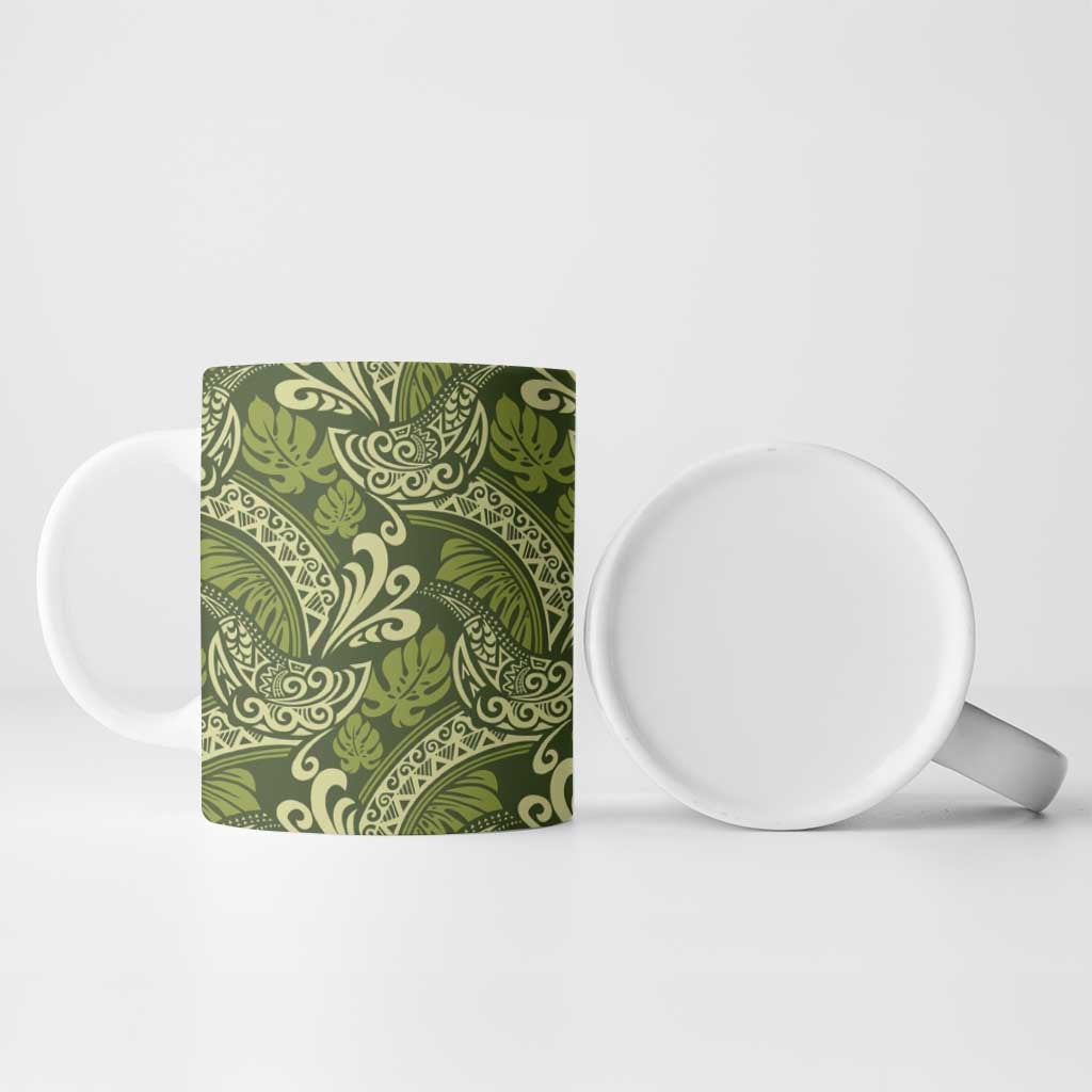 Olive Green Monstera Ceramic Mug Polynesian Tribal Pattern - Polynesian Pride