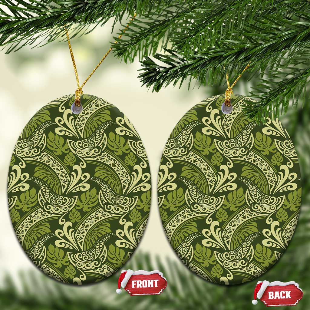 Olive Green Monstera Ceramic Ornament Polynesian Tribal Pattern - Polynesian Pride