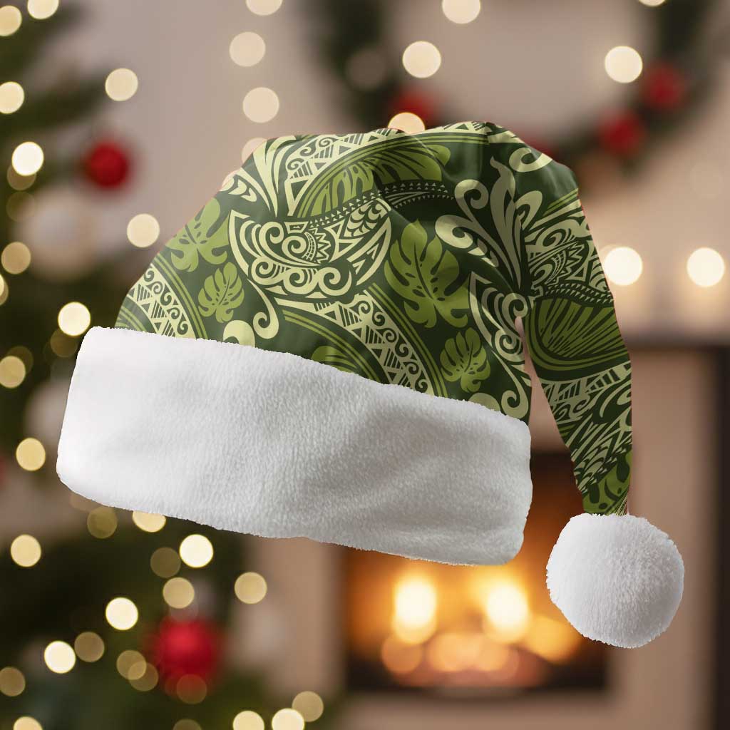 Olive Green Monstera Christmas Santa Hat Polynesian Tribal Pattern - Polynesian Pride