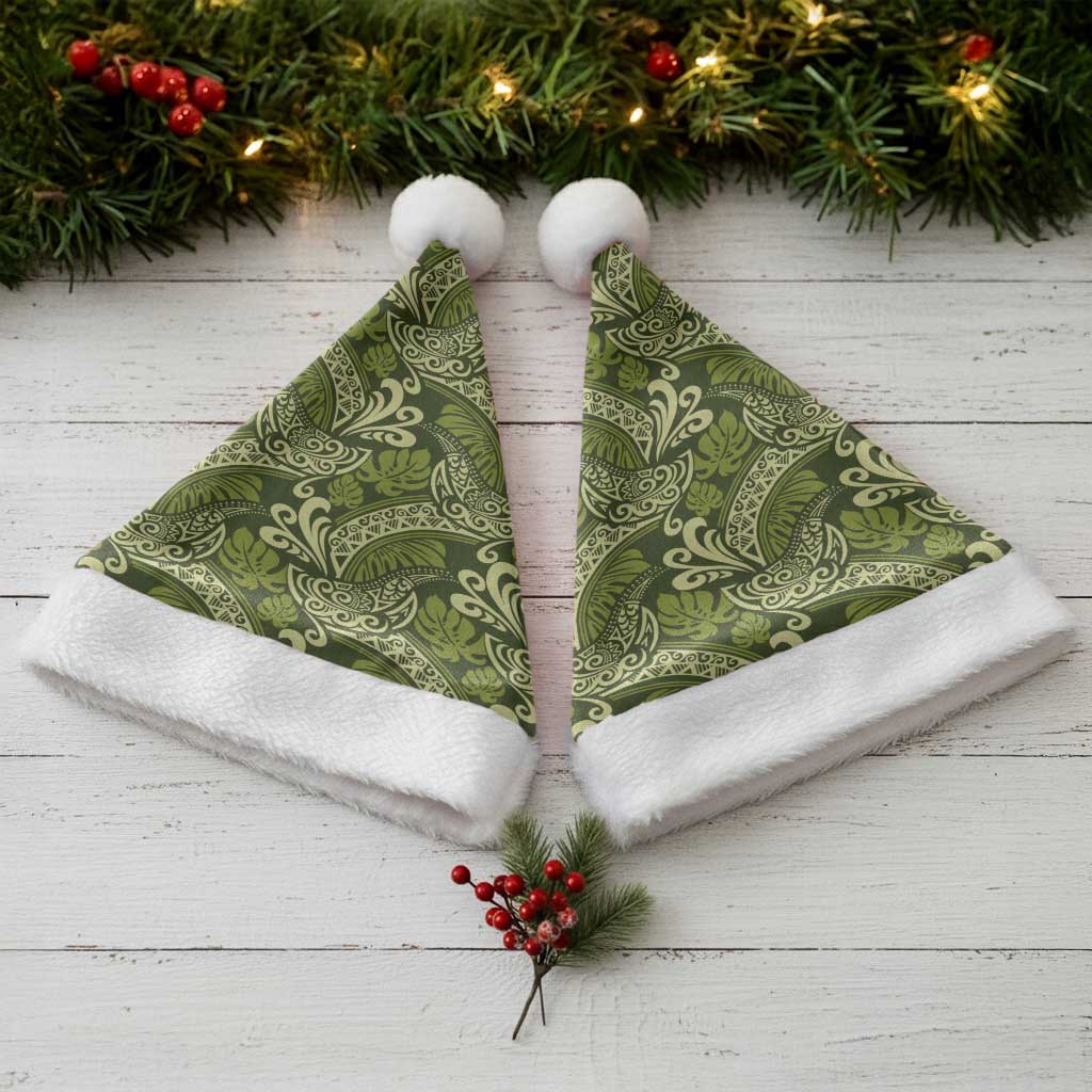 Olive Green Monstera Christmas Santa Hat Polynesian Tribal Pattern - Polynesian Pride