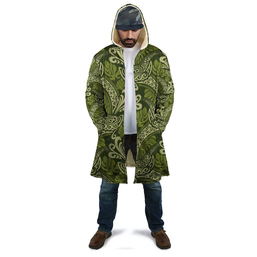 Olive Green Monstera Cloak Polynesian Tribal Pattern - Polynesian Pride