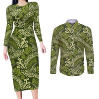 Olive Green Monstera Couples Matching Long Sleeve Bodycon Dress and Long Sleeve Button Shirt Polynesian Tribal Pattern - Polynesian Pride